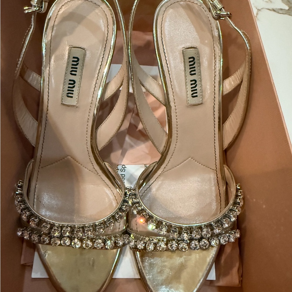 Miu Miu Gold Crystal Embellished Heels